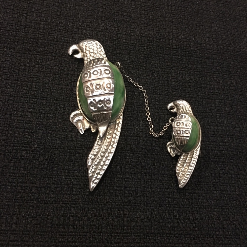 Vintage Mexican silver parrot & baby pin